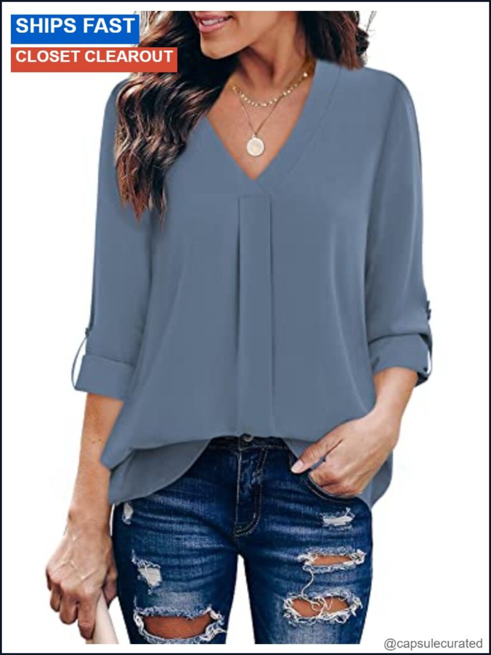 Women's 3/4 Sleeve V Neck Tunic Blouse Wrinkle Resistant Office Tops